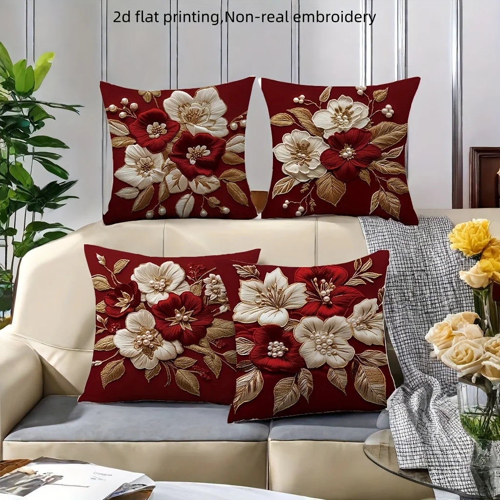Rote Blumen Stickerei Kissenbezug